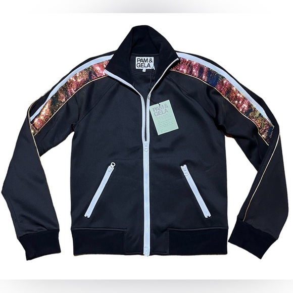 Pam & Gela Wm’s Sequined Stripe Zip Track Jacket In Black NWT Sz 0/XS - Picture 1 of 14